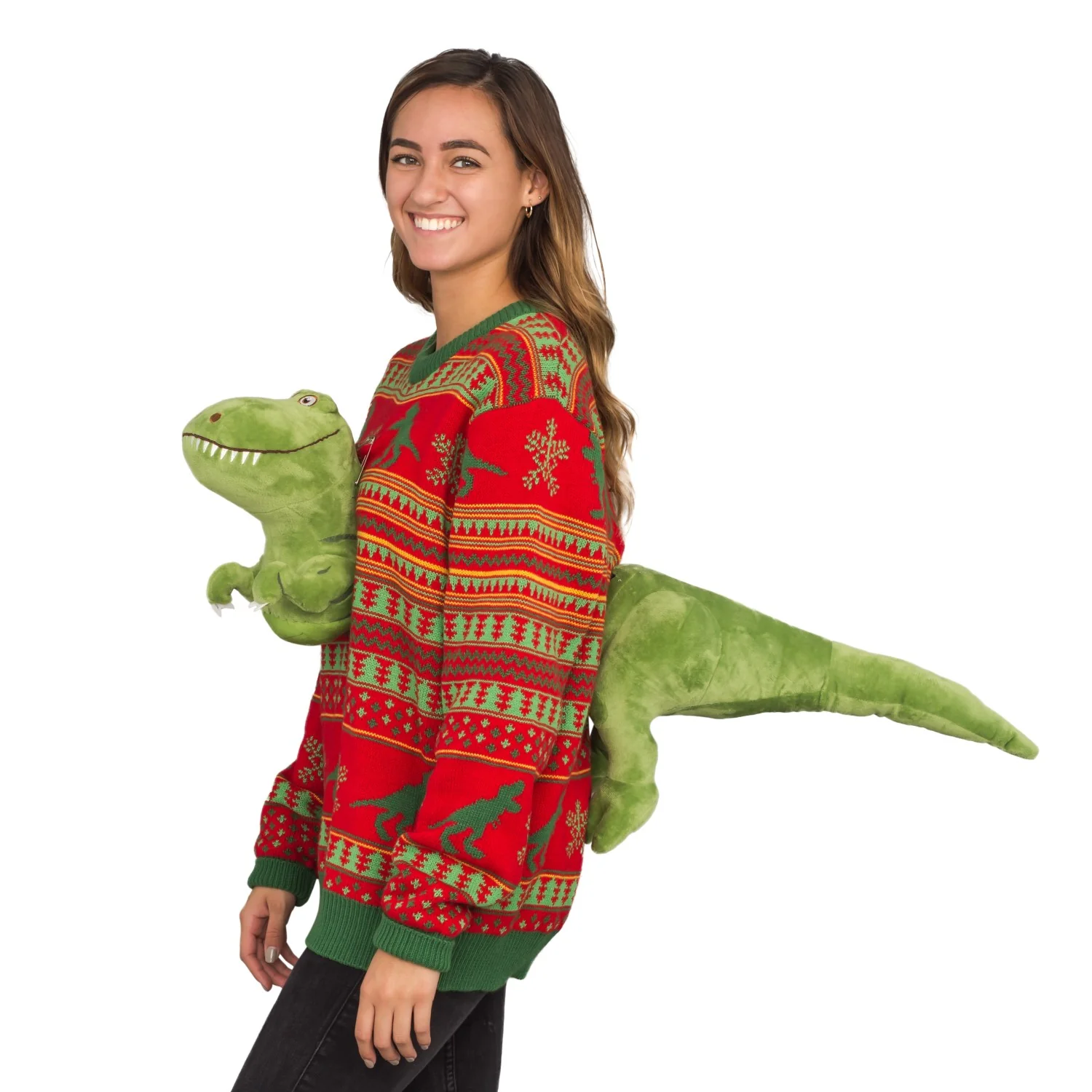 3D T-Rex Red and Green Adult Ugly Christmas Sweater - Image 2