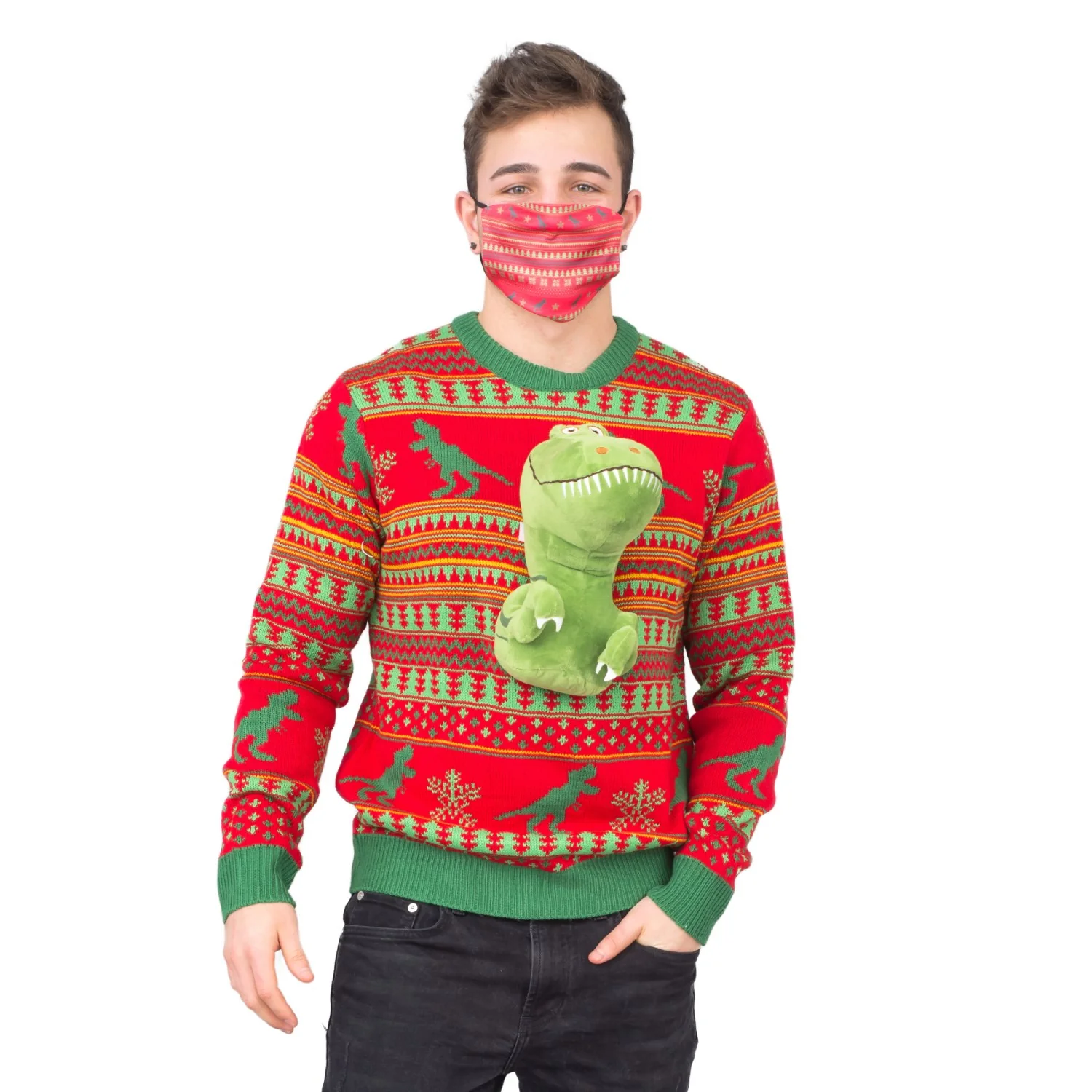3D T-Rex Red and Green Adult Ugly Christmas Sweater - Image 3