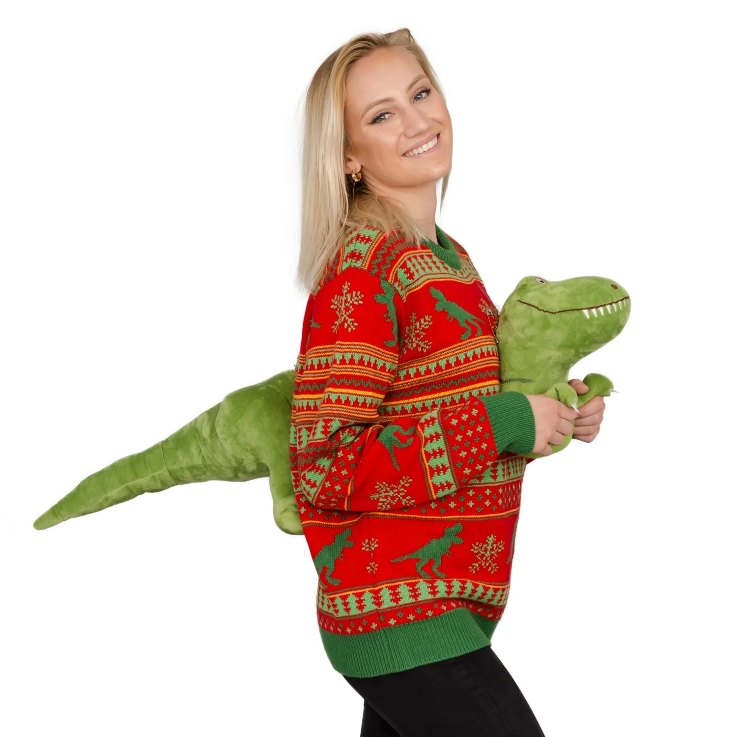 3D T-Rex Red and Green Adult Ugly Christmas Sweater - Image 4
