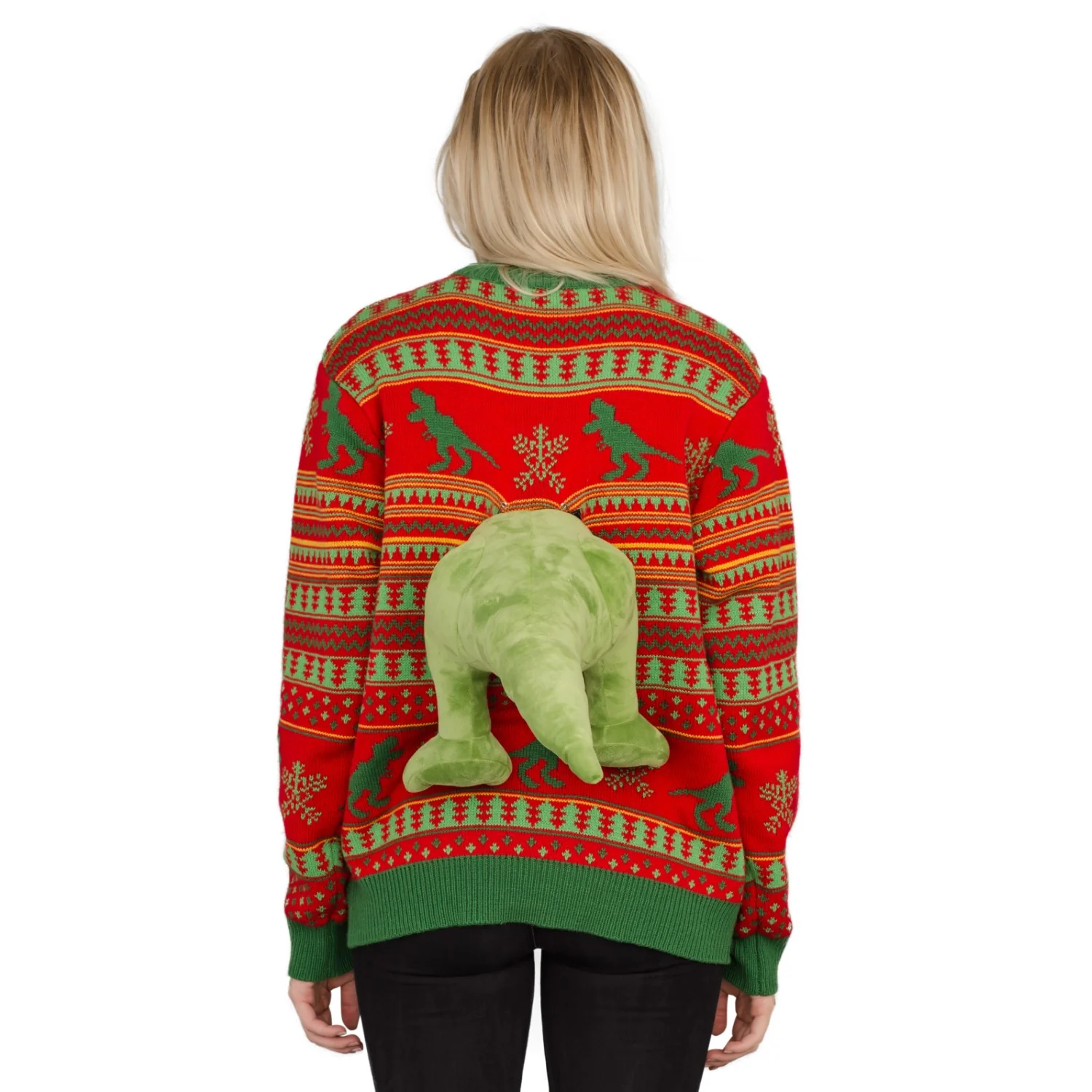 3D T-Rex Red and Green Adult Ugly Christmas Sweater - Image 5