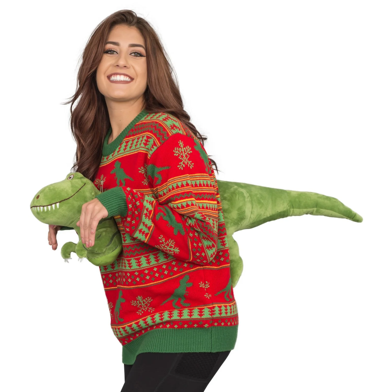 3D T-Rex Red and Green Adult Ugly Christmas Sweater - Image 6