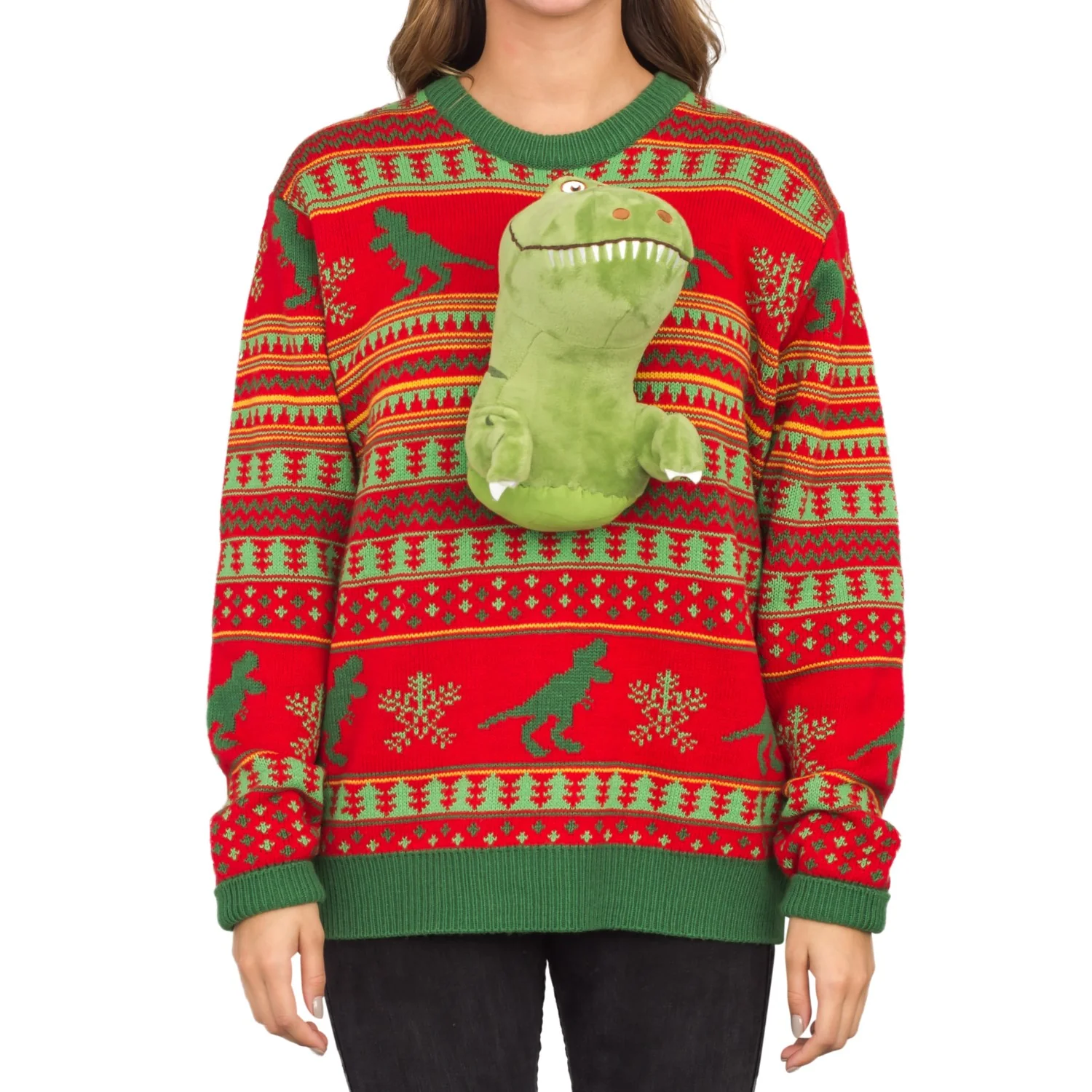 3D T-Rex Red and Green Adult Ugly Christmas Sweater - Image 7