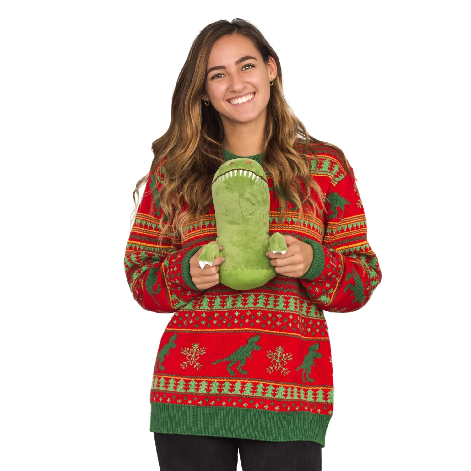 3D T-Rex Red and Green Adult Ugly Christmas Sweater - Image 8