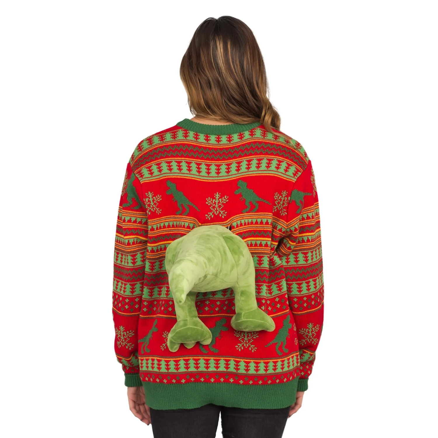 3D T-Rex Red and Green Adult Ugly Christmas Sweater - Image 9