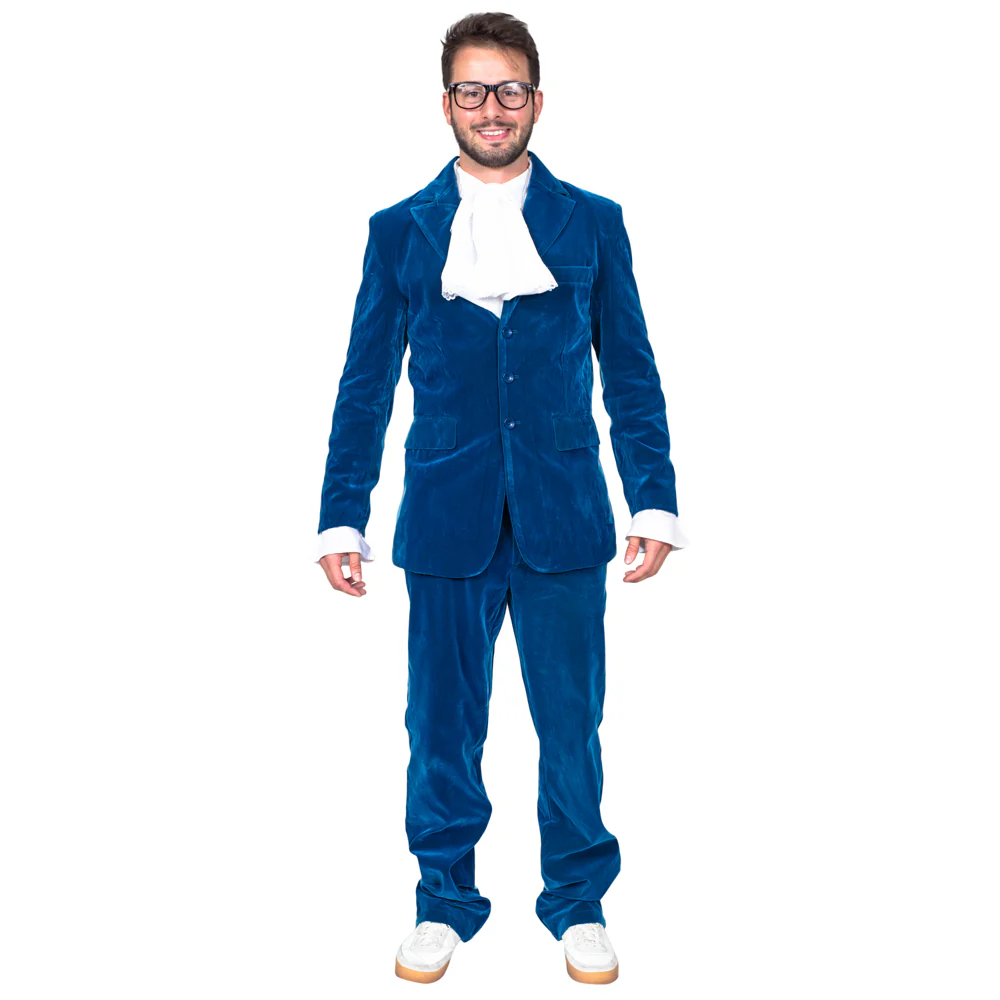 60's Groovy British Spy Funny Man Blue Suit Adult Halloween Costume Set Cosplay