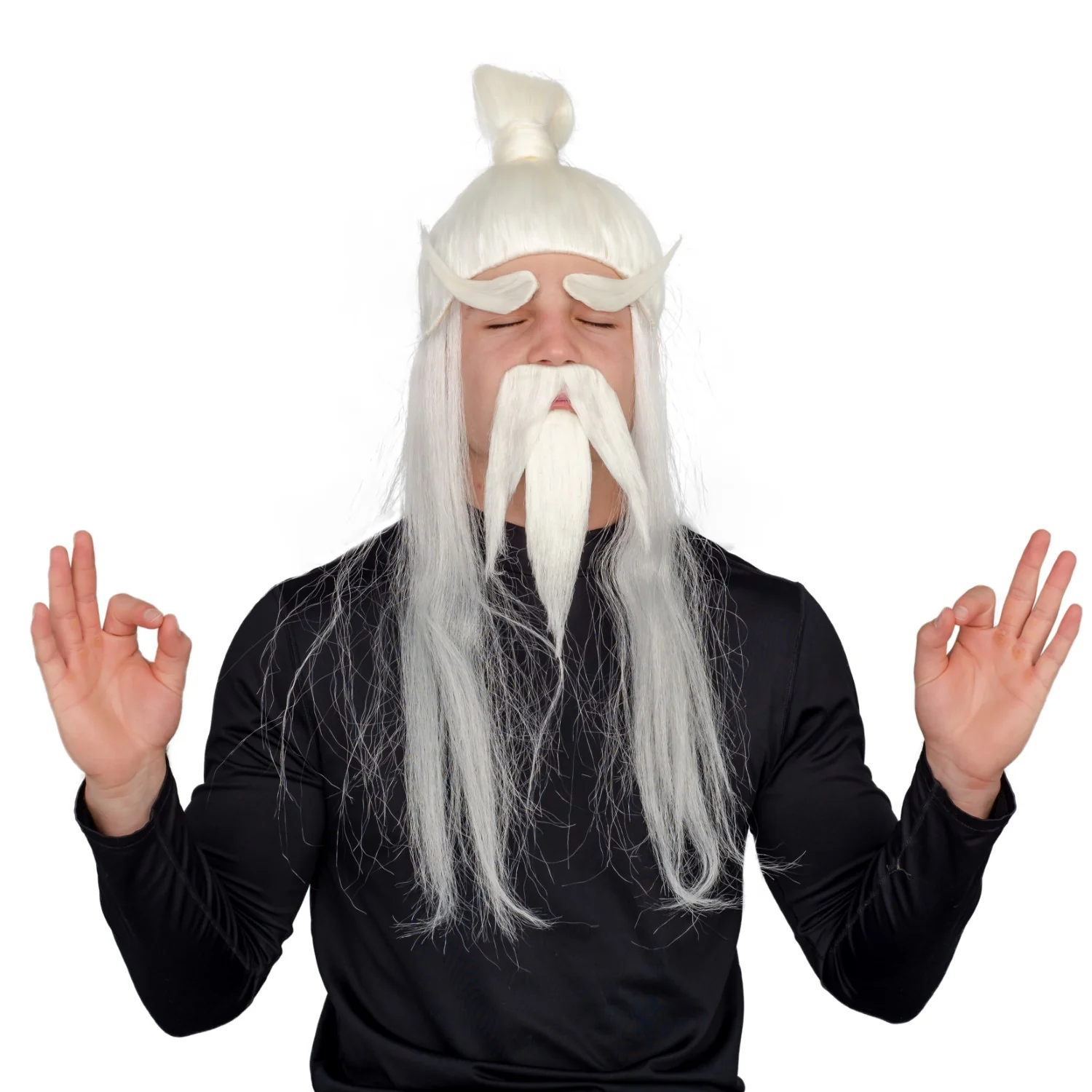 Adult Halloween Martial Arts White Fu Manchu Beard and Wig Costume Accessory - Image 2