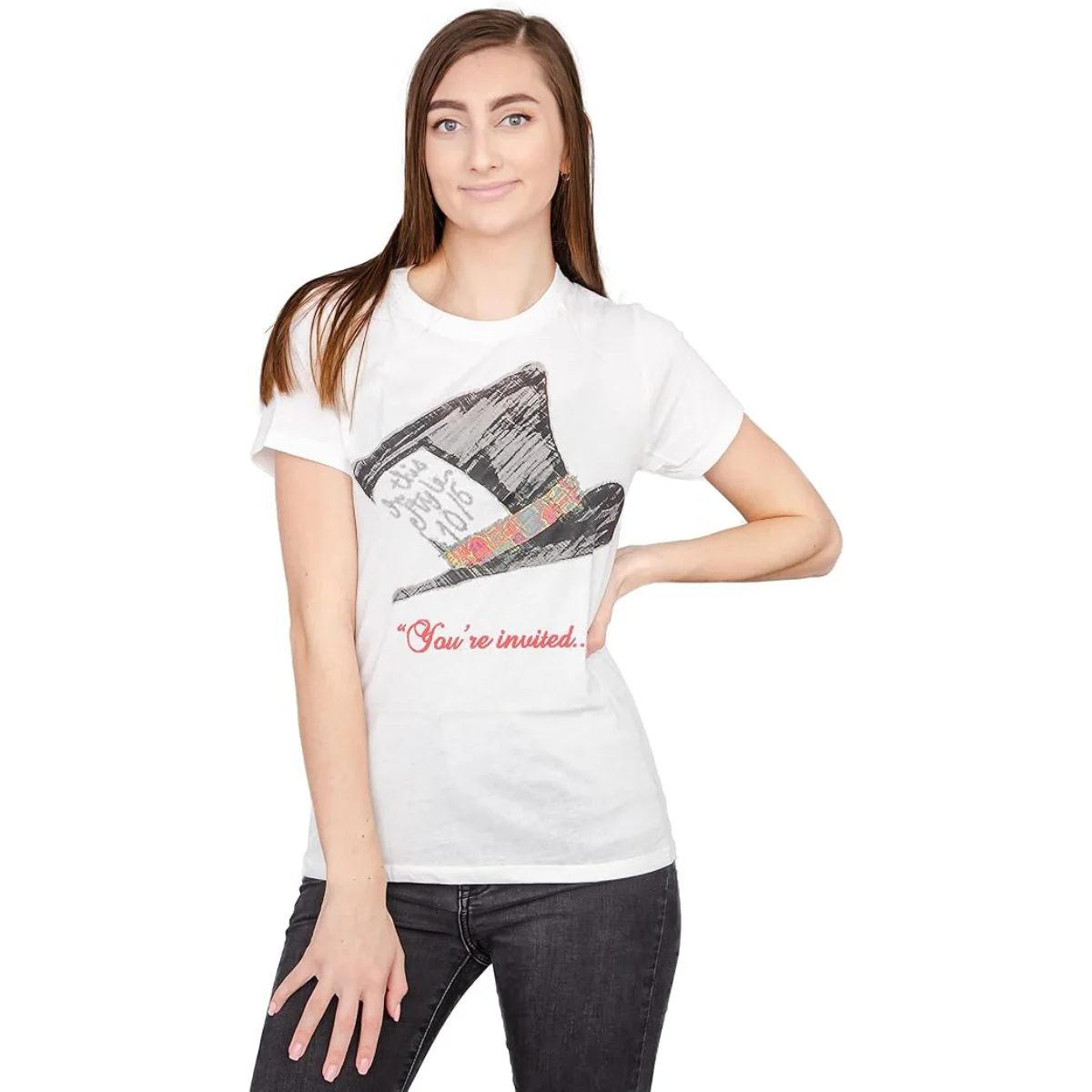 Alice in Wonderland Mad Hatter Hat You're Invited Juniors White T-Shirt Tee - Image 2