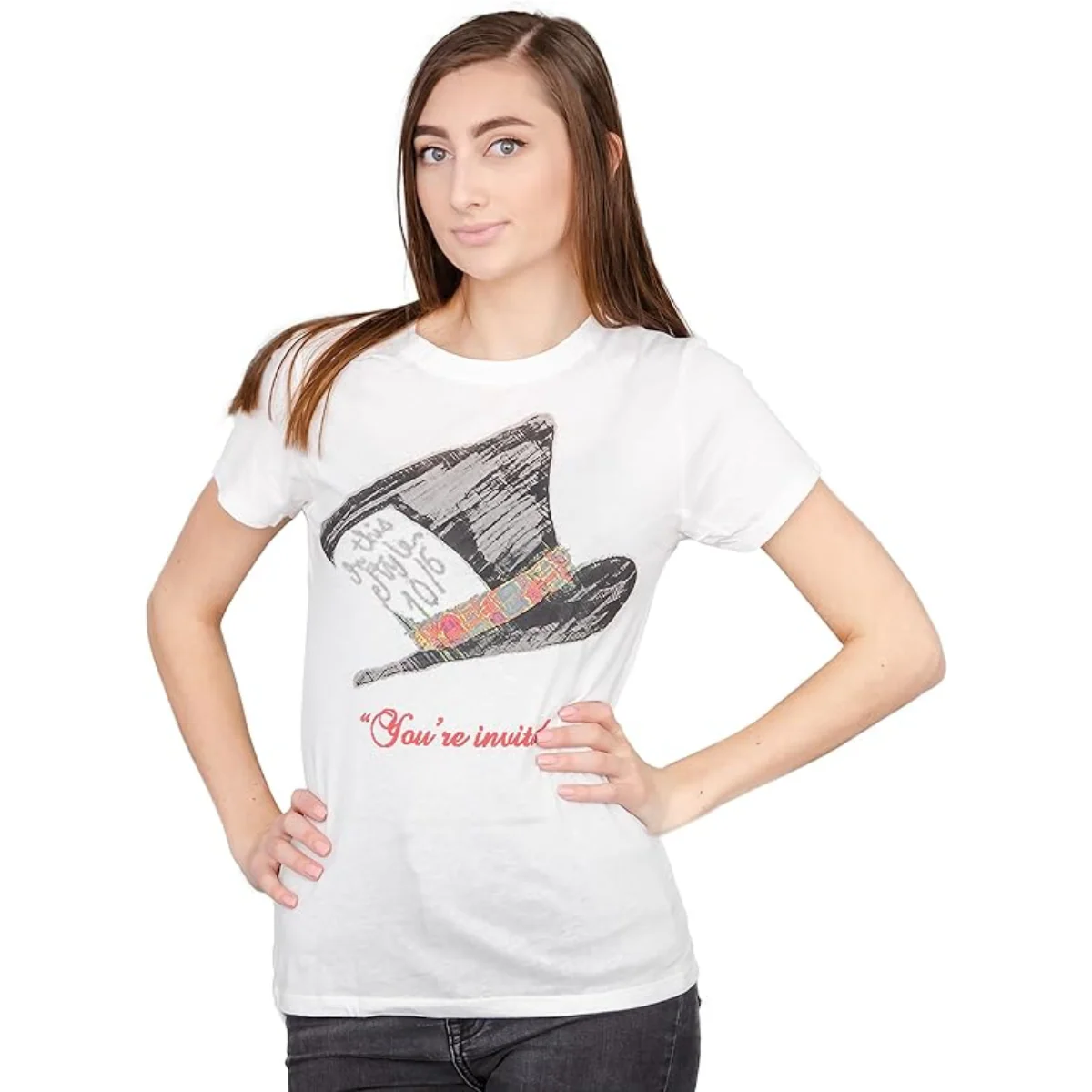 Alice in Wonderland Mad Hatter Hat You're Invited Juniors White T-Shirt Tee - Image 3