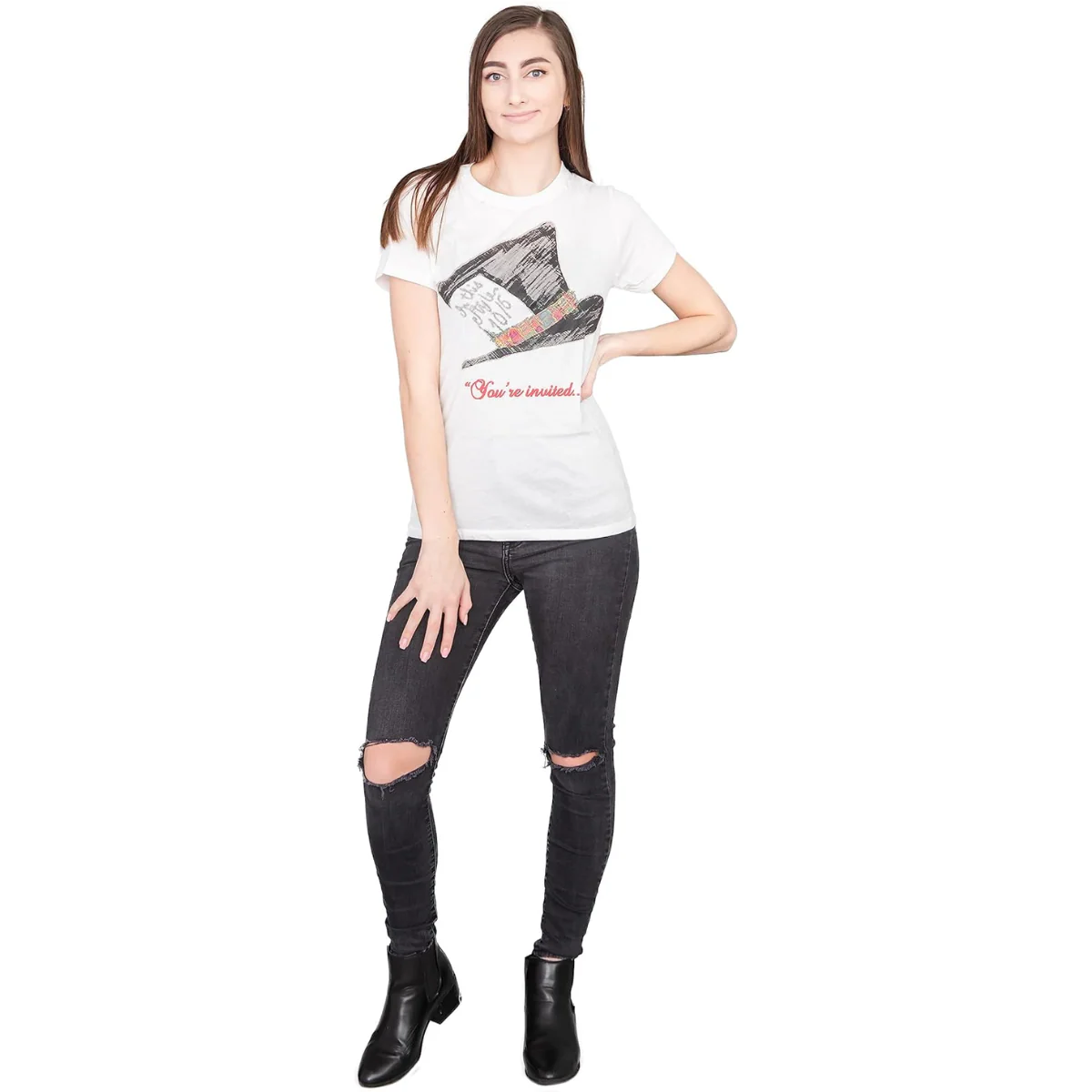 Alice in Wonderland Mad Hatter Hat You're Invited Juniors White T-Shirt Tee - Image 5