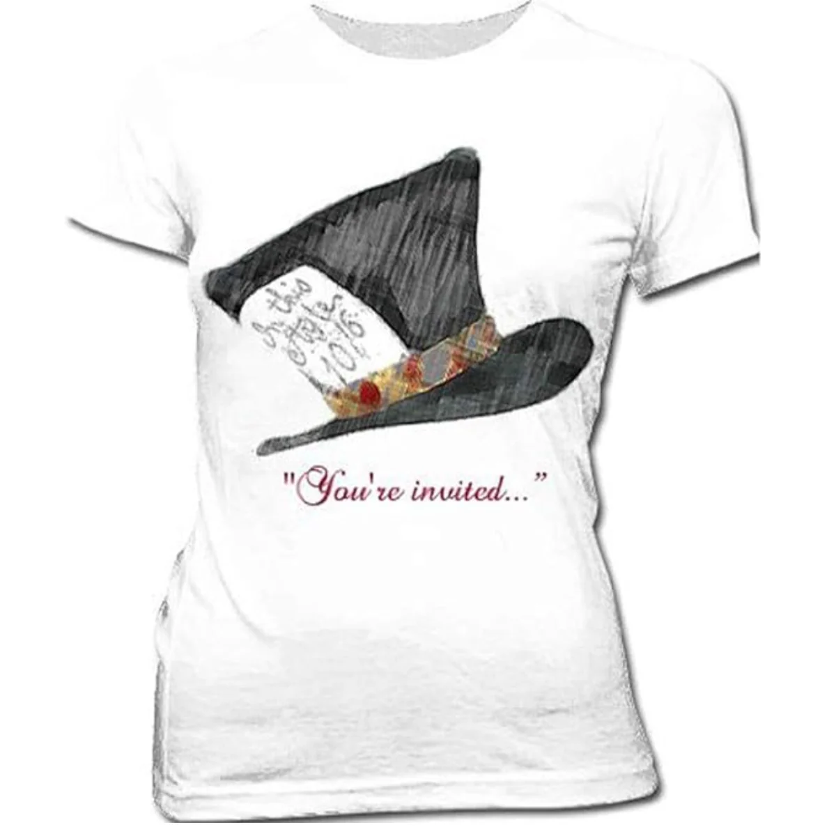 Alice in Wonderland Mad Hatter Hat You're Invited Juniors White T-Shirt Tee - Image 6