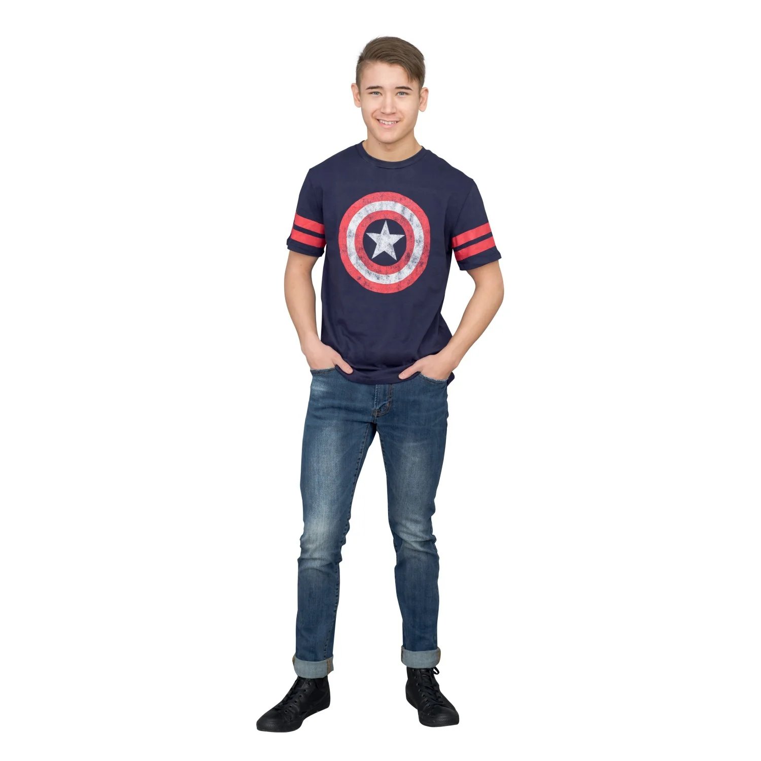 Captain America Distressed Shield Striped Sleeves T-shirt - Image 5