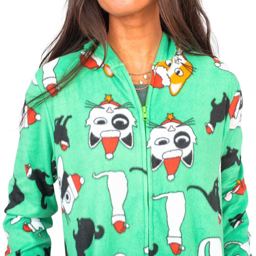 Christmas Cat Pajamas Cozy Fair Isle Union Suit Adult Green Jumpsuit - Image 4