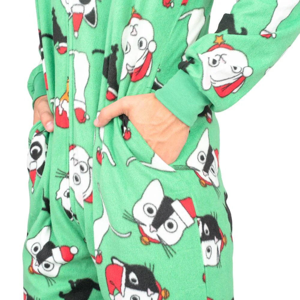Christmas Cat Pajamas Cozy Fair Isle Union Suit Adult Green Jumpsuit - Image 5