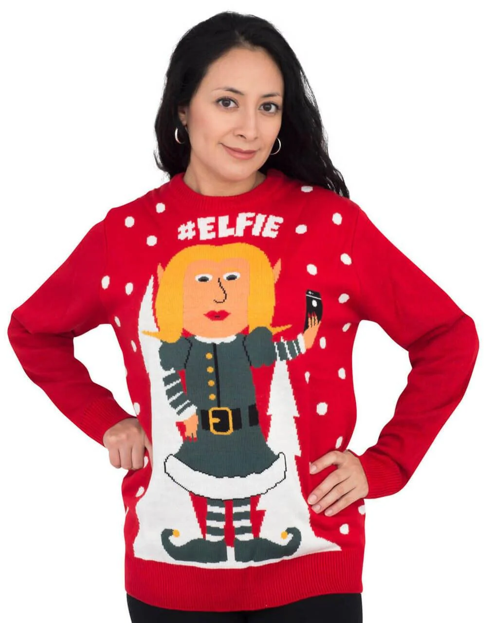 #Elfie Hashtag Women's Elf with Snowflakes Christmas Sweater