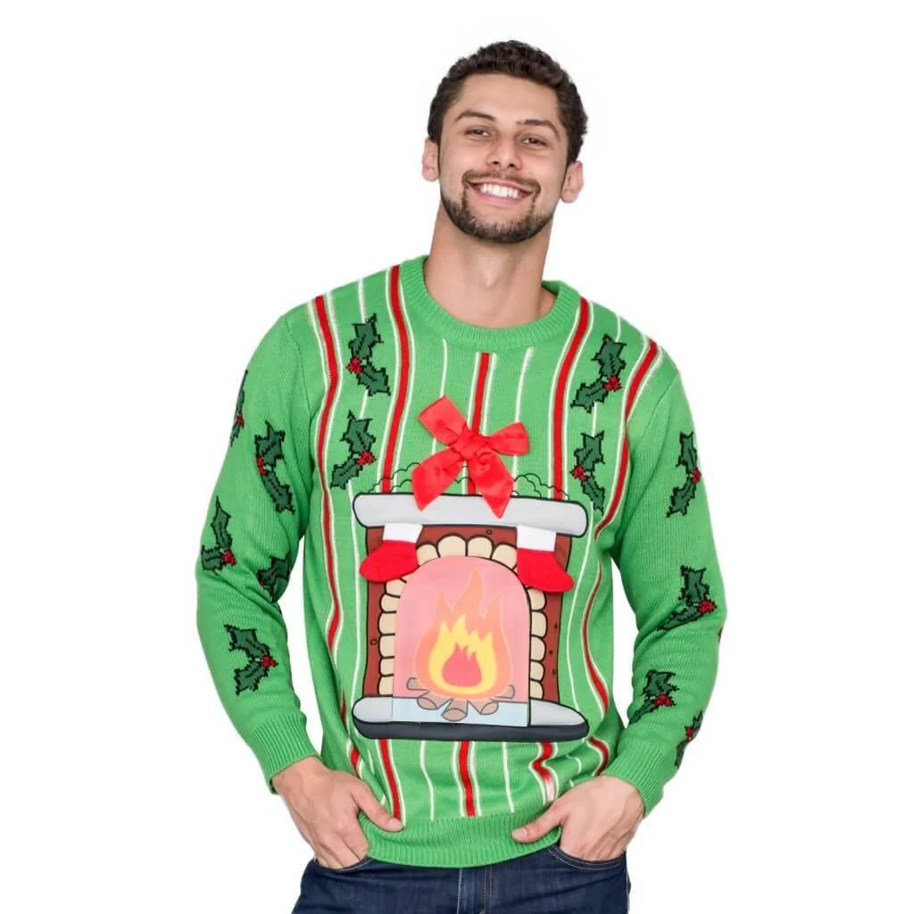 Fireplace LED Light Up Green Ugly Christmas Sweater - Image 3