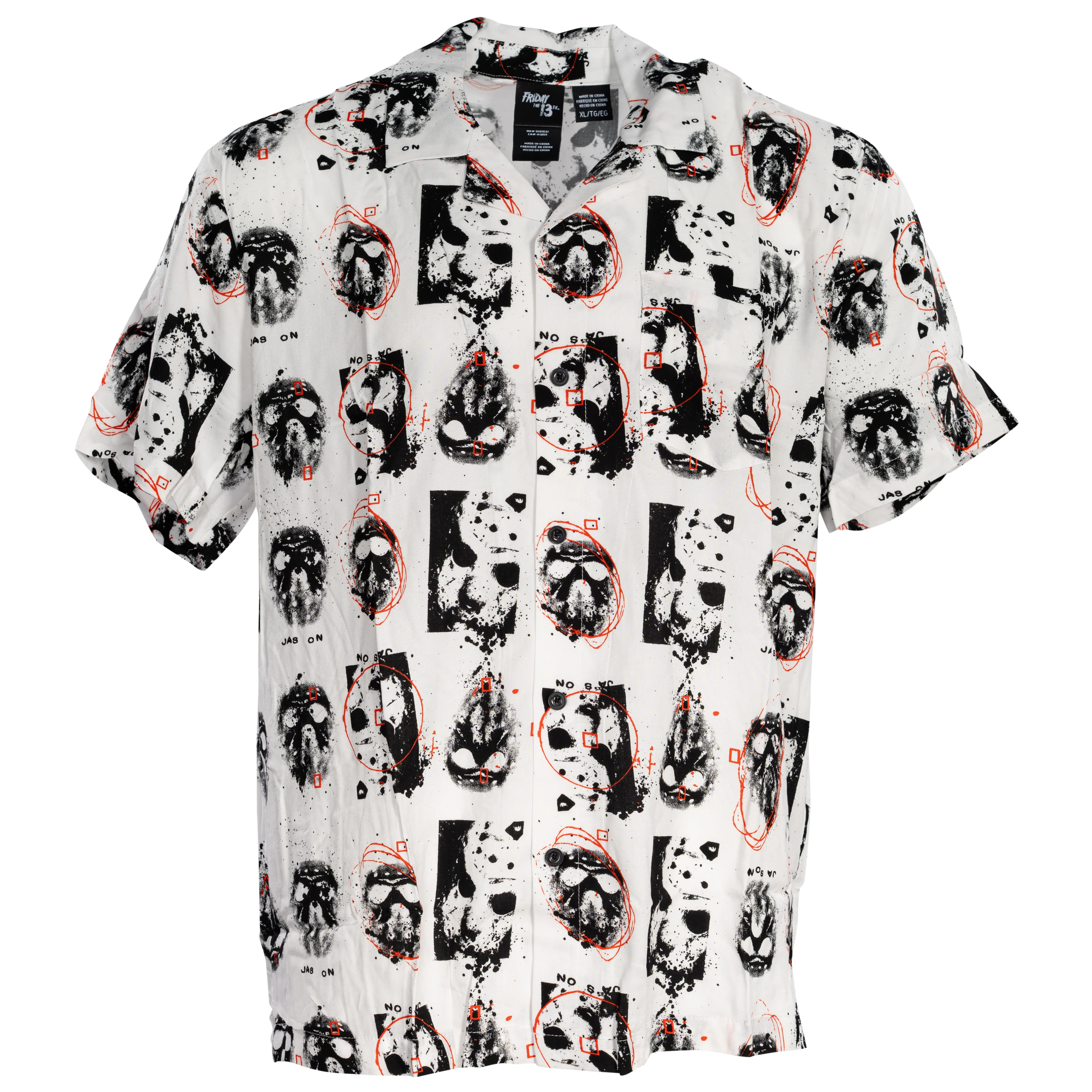 Friday The 13th Jason Rayon Button up Shirt SS Mask Scribble White - Image 2
