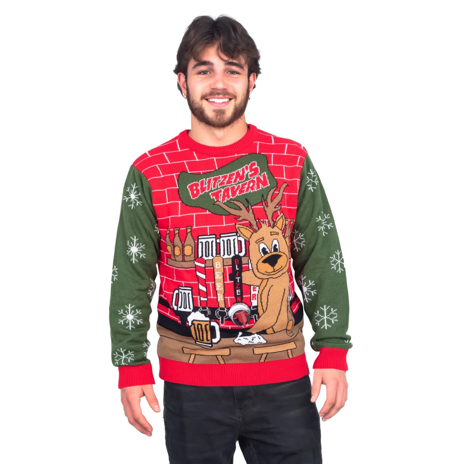 Funny Ugly Christmas Sweater Beverage Dispenser Elfed Up Blitzen's Santa Jingle Juice Knitted Pullover