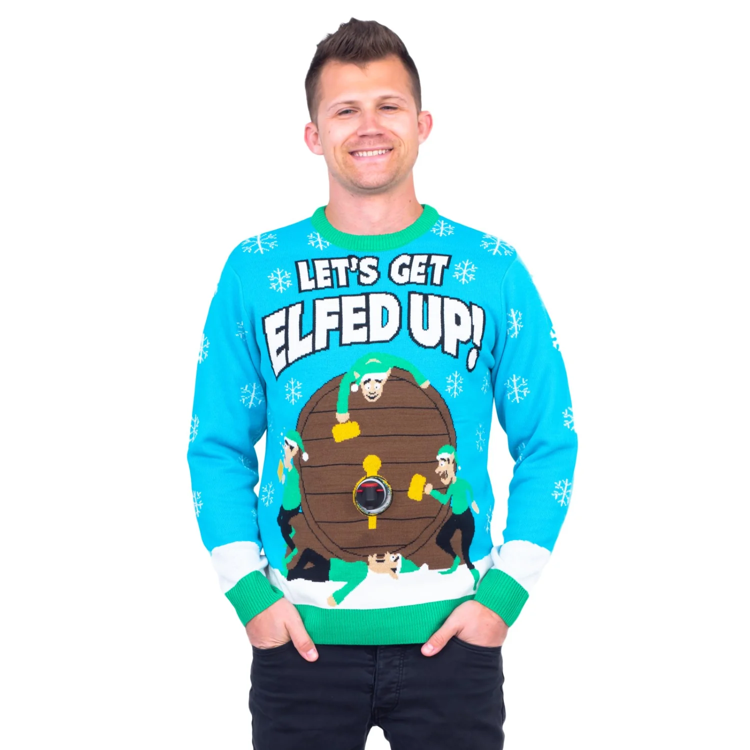 Funny Ugly Christmas Sweater Beverage Dispenser Elfed Up Blitzen's Santa Jingle Juice Knitted Pullover - Image 2