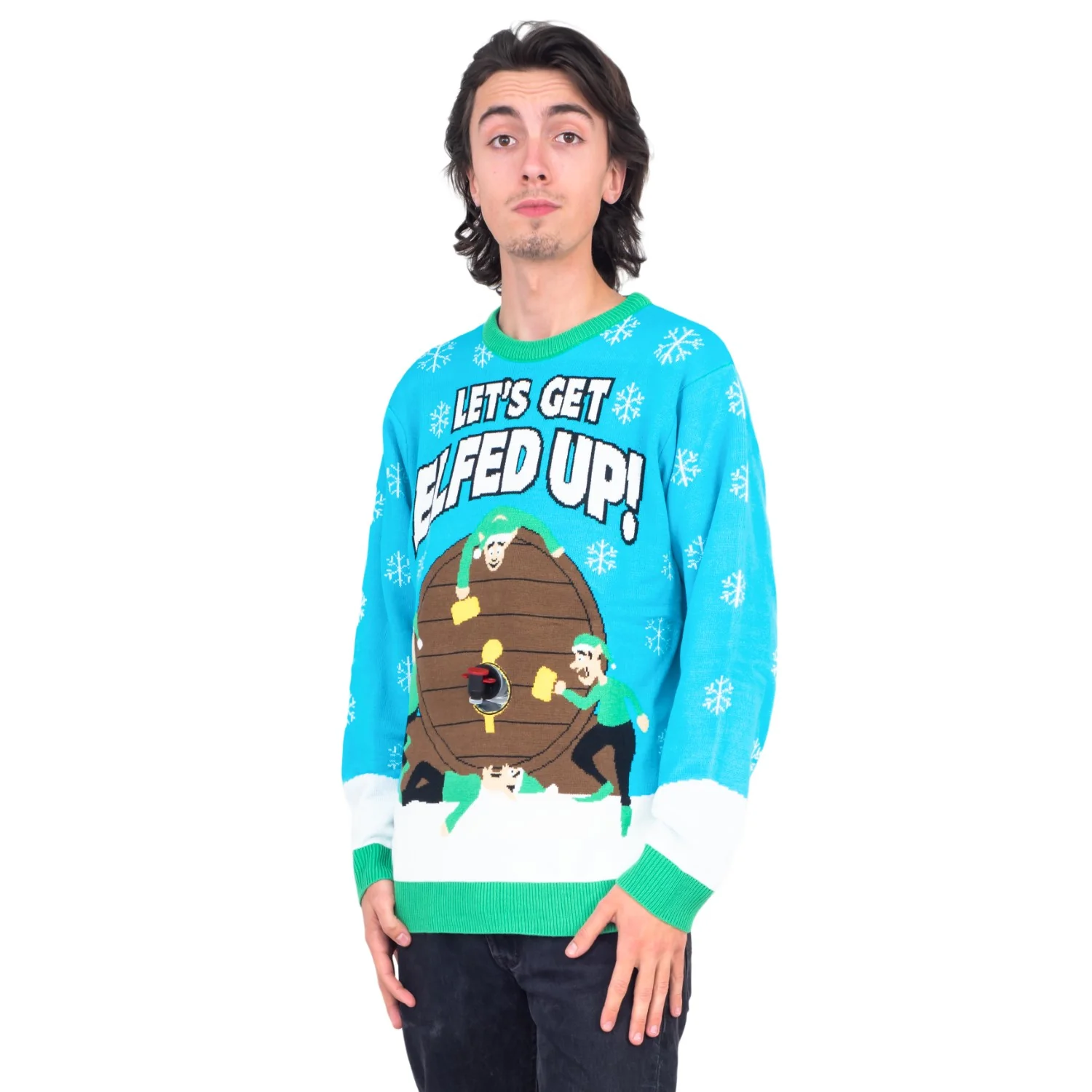 Funny Ugly Christmas Sweater Beverage Dispenser Elfed Up Blitzen's Santa Jingle Juice Knitted Pullover - Image 3