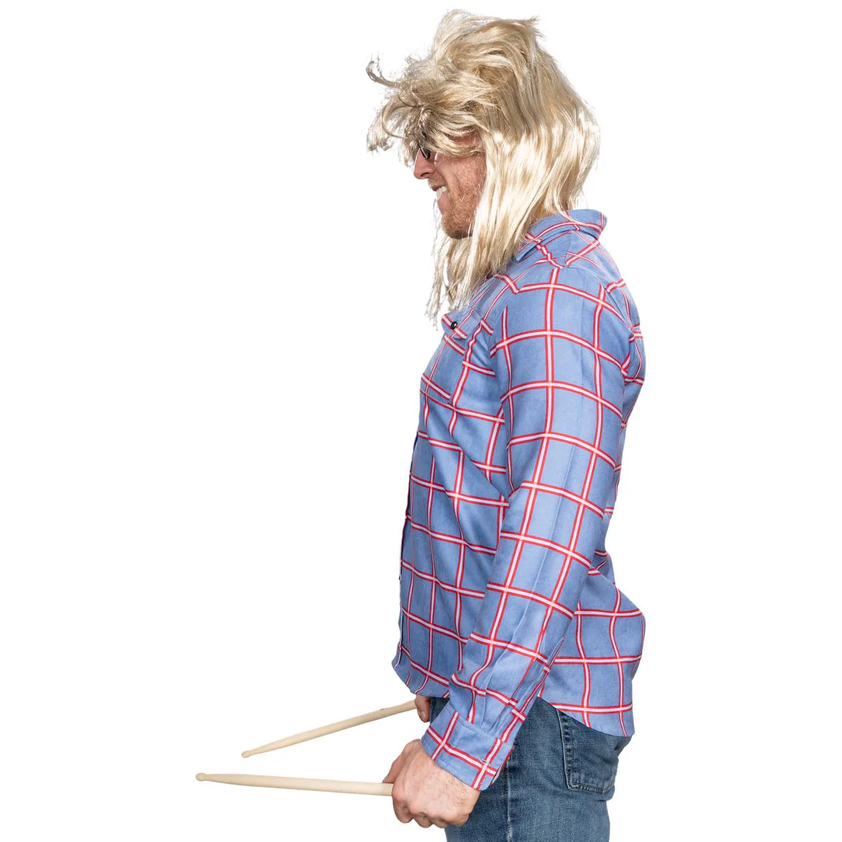 Garth Funny Tv Show Character Cosplay Button Down Flannel Shirt Wig and Drumstick Halloween Costume Set - Image 4