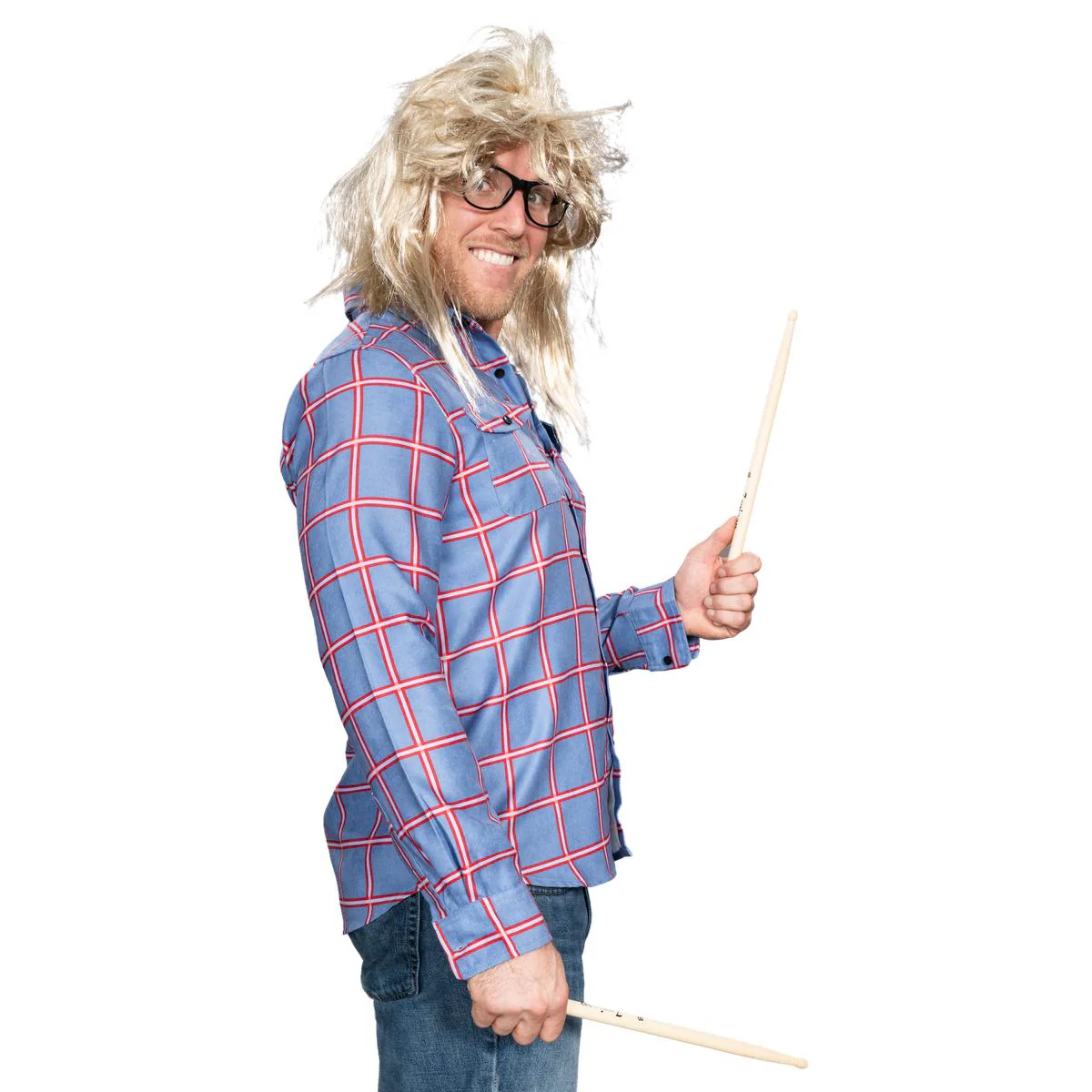 Garth Funny Tv Show Character Cosplay Button Down Flannel Shirt Wig and Drumstick Halloween Costume Set - Image 5