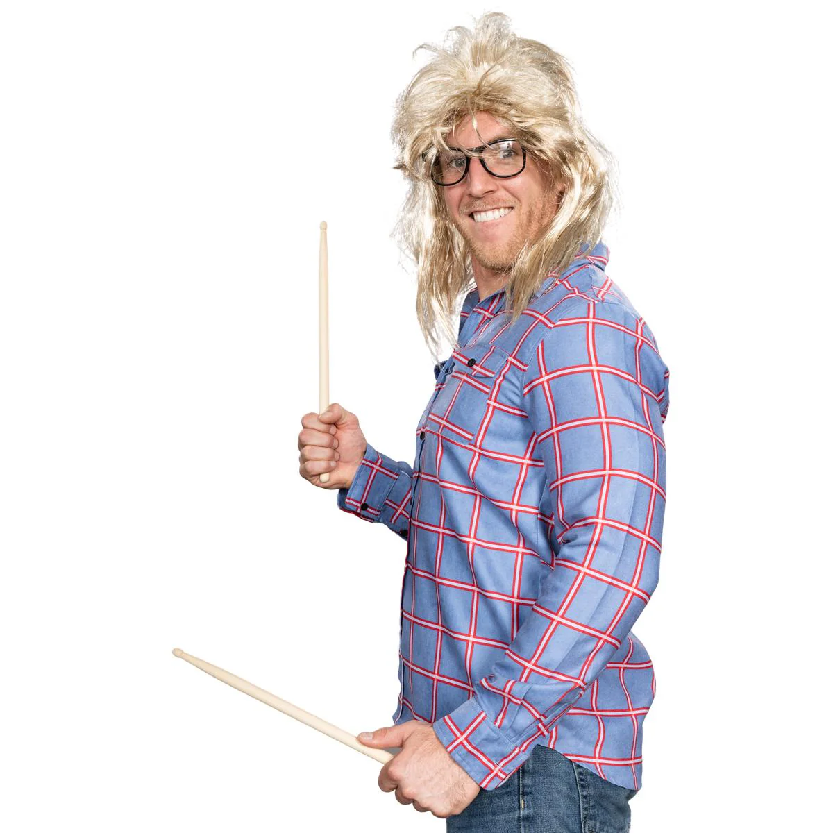 Garth Funny Tv Show Character Cosplay Button Down Flannel Shirt Wig and Drumstick Halloween Costume Set - Image 6
