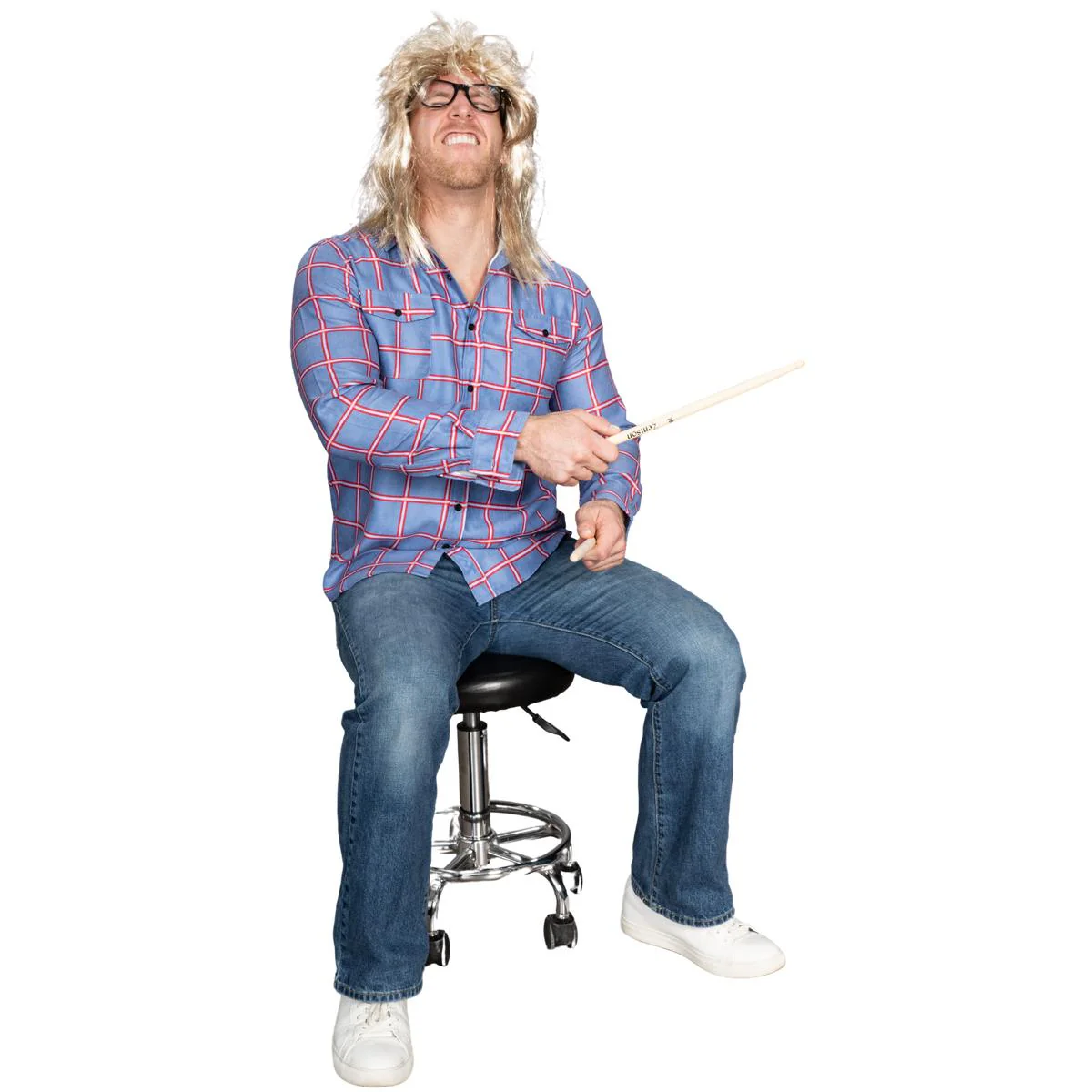 Garth Funny Tv Show Character Cosplay Button Down Flannel Shirt Wig and Drumstick Halloween Costume Set - Image 7