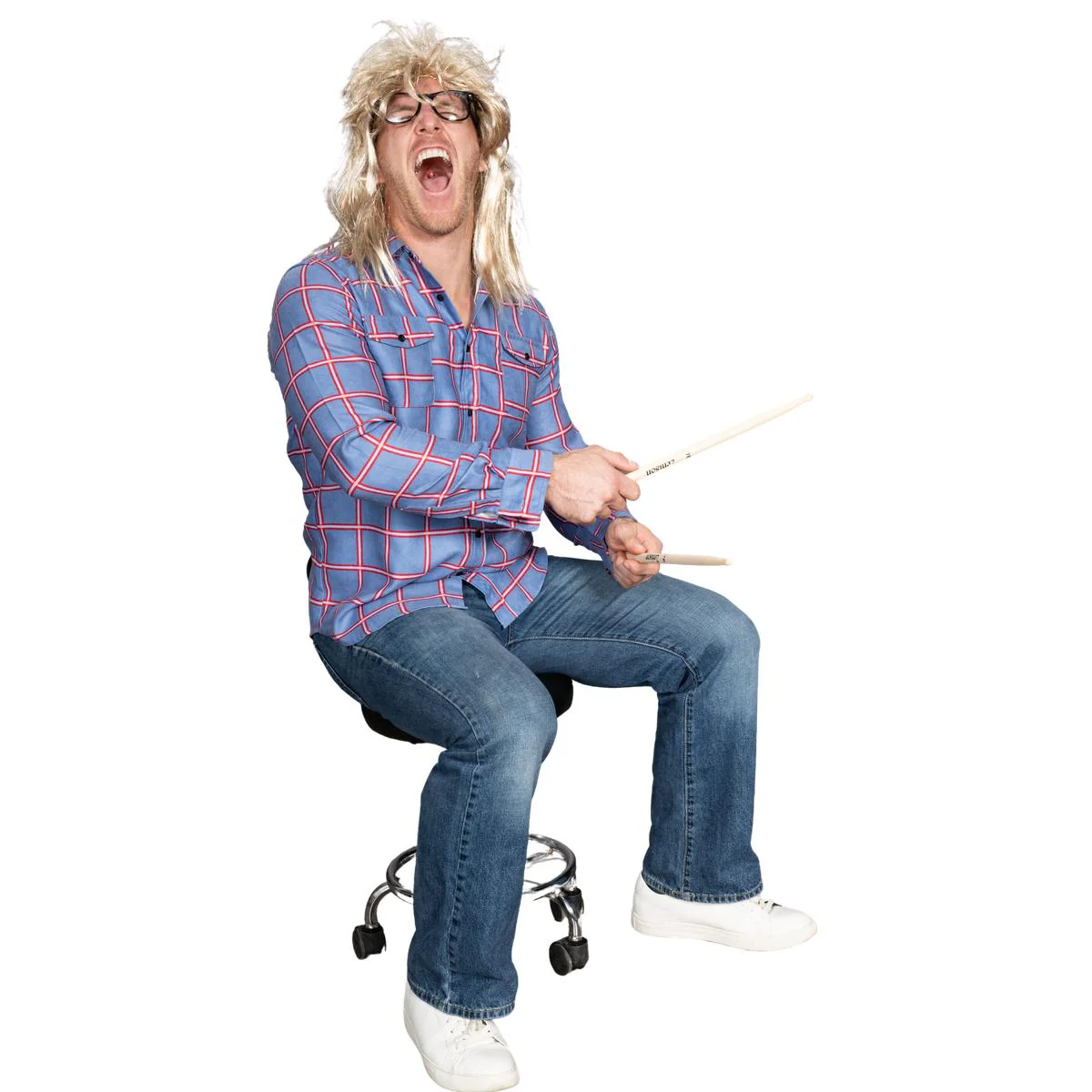 Garth Funny Tv Show Character Cosplay Button Down Flannel Shirt Wig and Drumstick Halloween Costume Set - Image 8