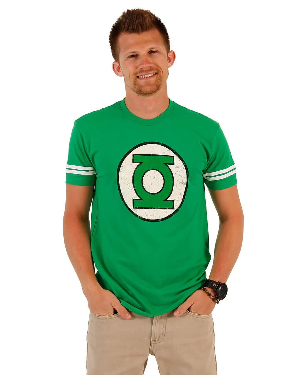 Green Lantern Distressed Logo Striped Sleeves Halloween Cosplay Costume T-shirt