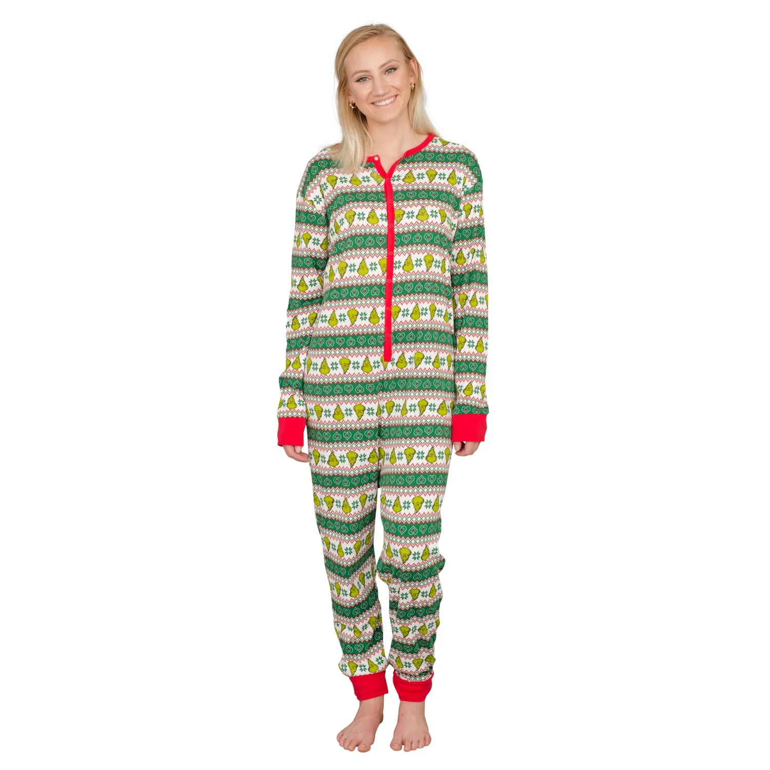 Grinch Family Faces Christmas Adult Pajama Union Suit - Image 3