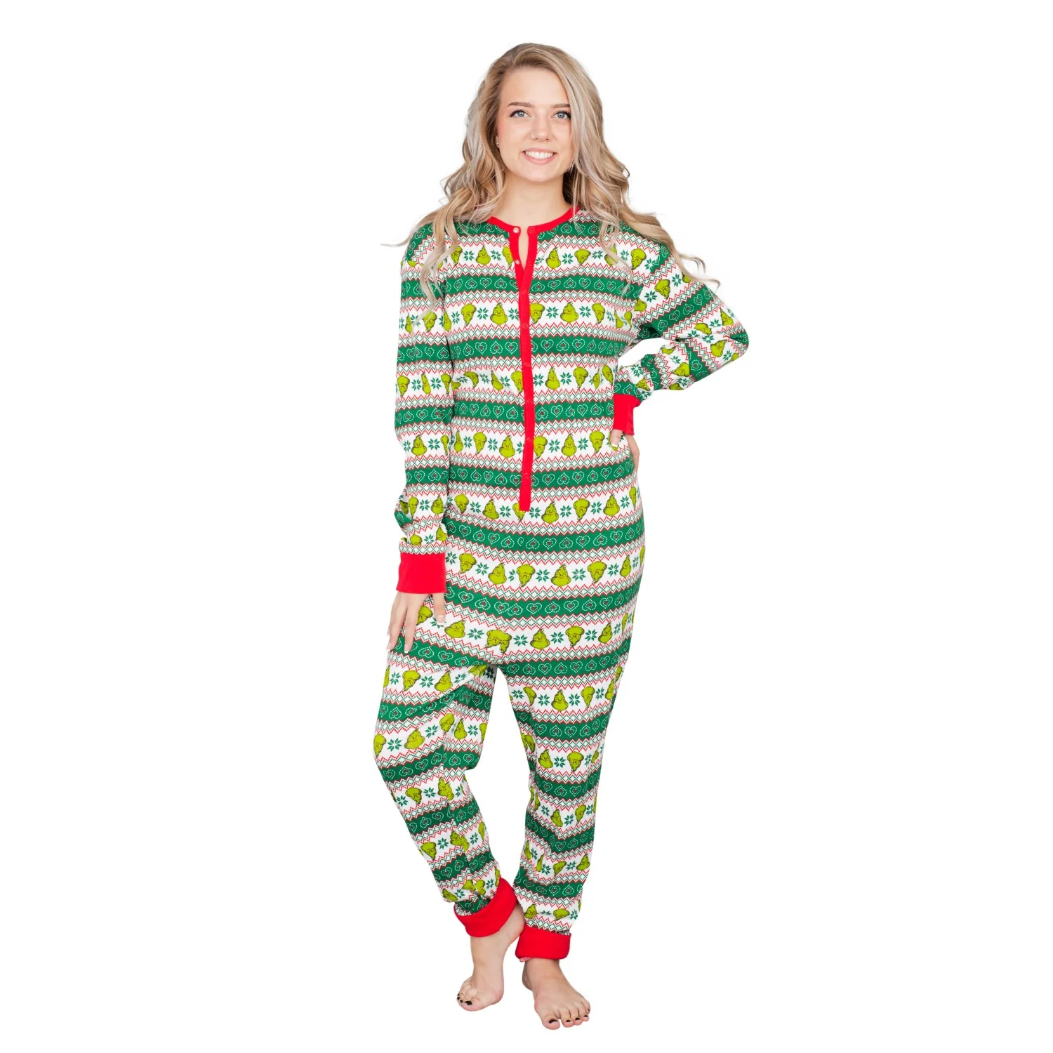 Grinch Family Faces Christmas Adult Pajama Union Suit - Image 6