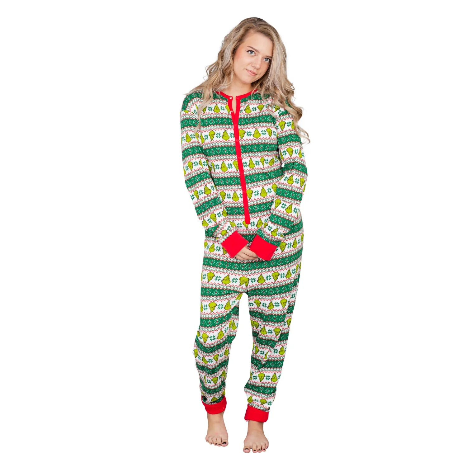 Grinch Family Faces Christmas Adult Pajama Union Suit - Image 7