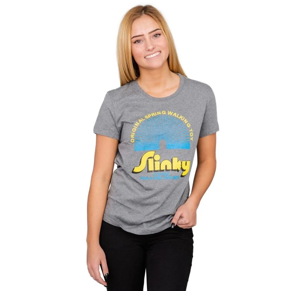 Juno Slinky Spring Walking Toy Gray Juniors T-Shirt - Image 3