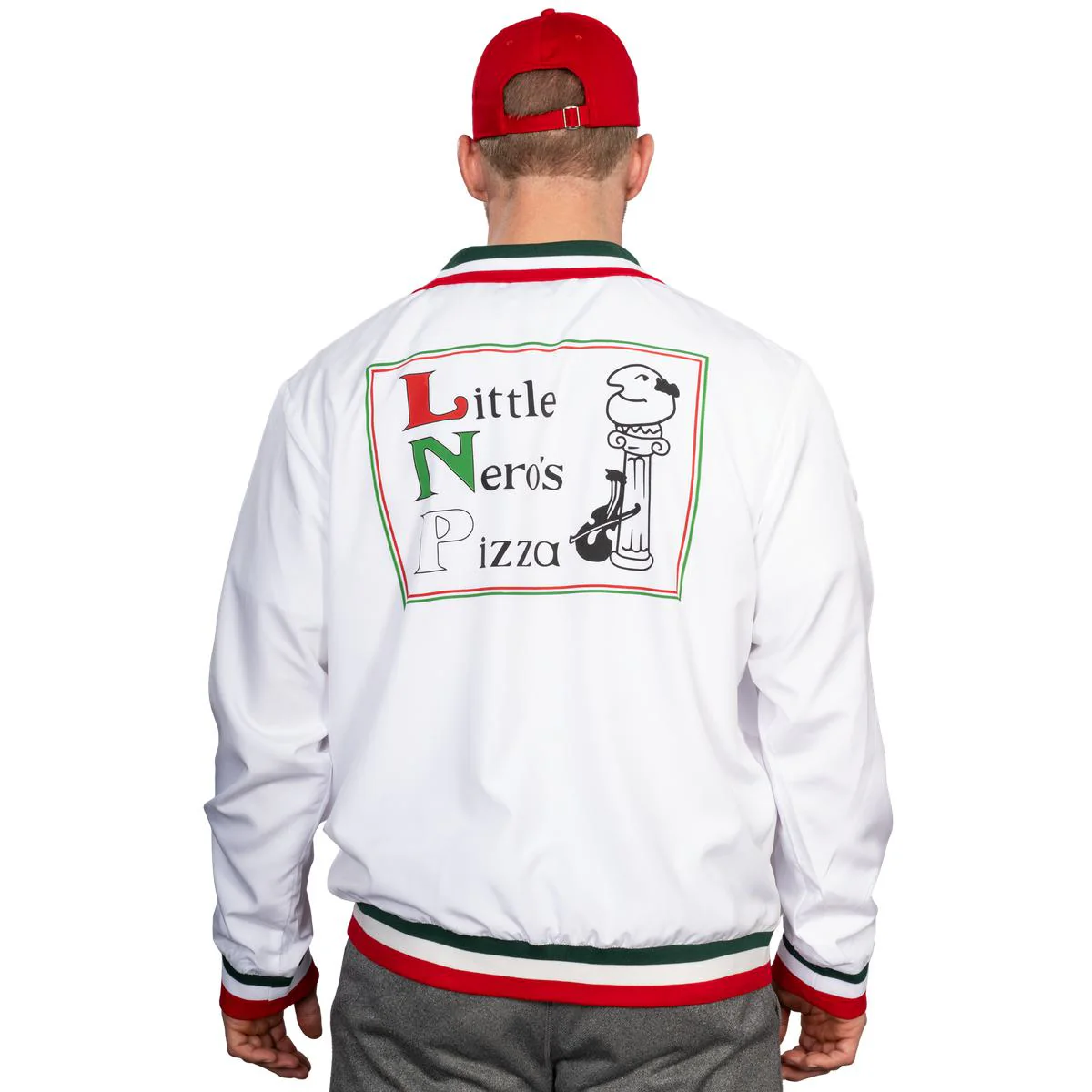 Little Nero’s Pizza Delivery Driver Christmas Movie White Jacket and Red Hat Complete Cosplay Halloween Costume Set - Image 2