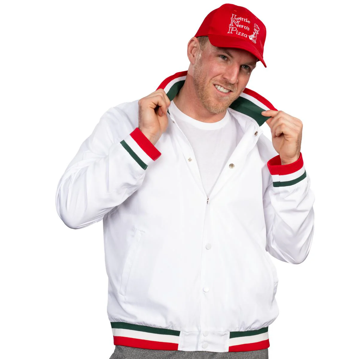 Little Nero’s Pizza Delivery Driver Christmas Movie White Jacket and Red Hat Complete Cosplay Halloween Costume Set - Image 3