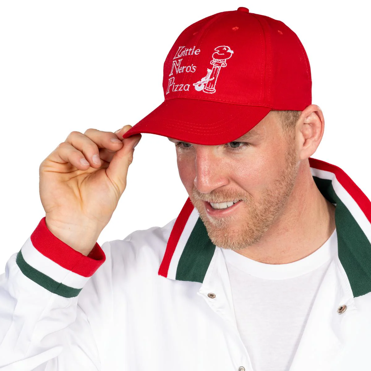 Little Nero’s Pizza Delivery Driver Christmas Movie White Jacket and Red Hat Complete Cosplay Halloween Costume Set - Image 5
