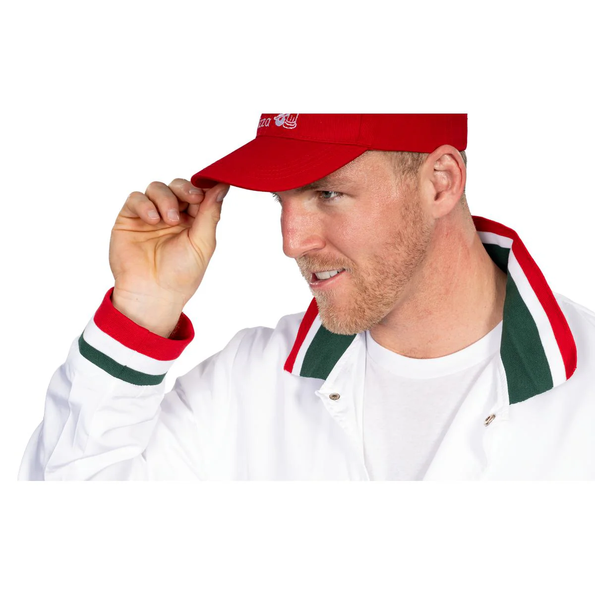 Little Nero’s Pizza Delivery Driver Christmas Movie White Jacket and Red Hat Complete Cosplay Halloween Costume Set - Image 6
