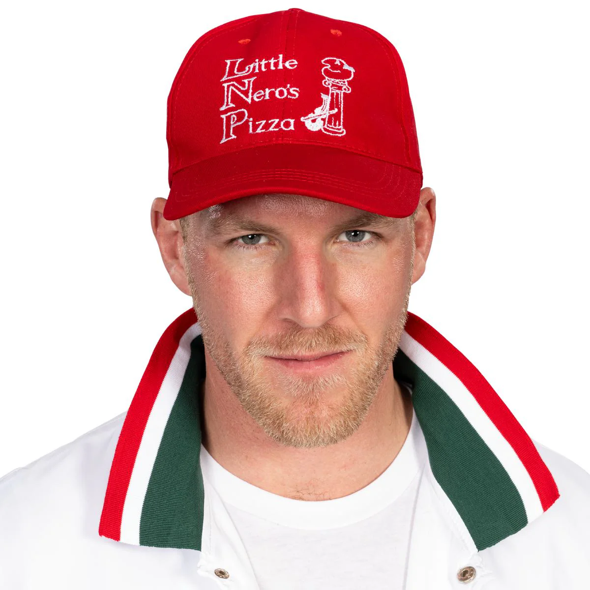 Little Nero’s Pizza Delivery Driver Christmas Movie White Jacket and Red Hat Complete Cosplay Halloween Costume Set - Image 7