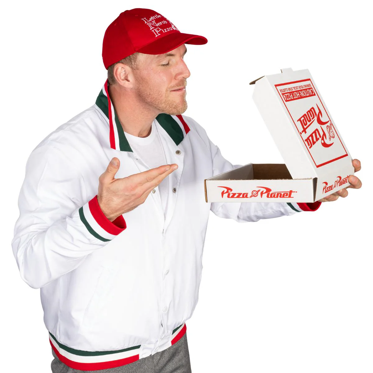 Little Nero’s Pizza Delivery Driver Christmas Movie White Jacket and Red Hat Complete Cosplay Halloween Costume Set - Image 8