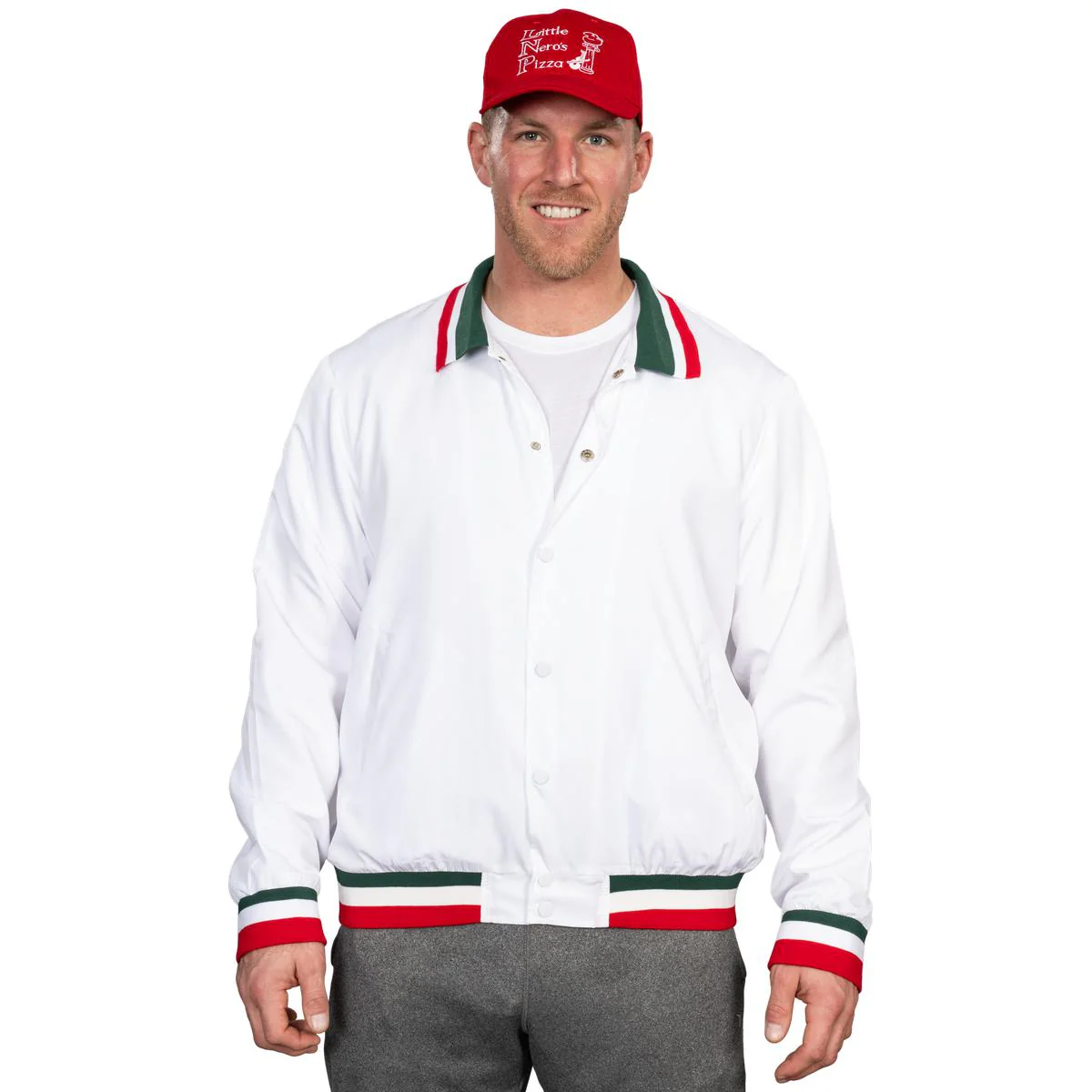 Little Nero’s Pizza Delivery Driver Christmas Movie White Jacket and Red Hat Complete Cosplay Halloween Costume Set - Image 9