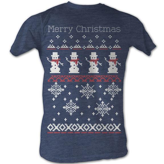 Merry Christmas Snowmen and Snowflakes 8-Bit Adult Navy T-shirt - Image 2