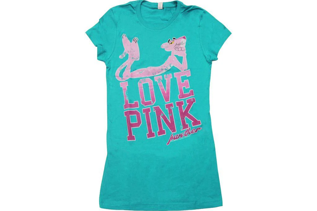 Pink Panther Love Pink Juniors Turquoise T-Shirt