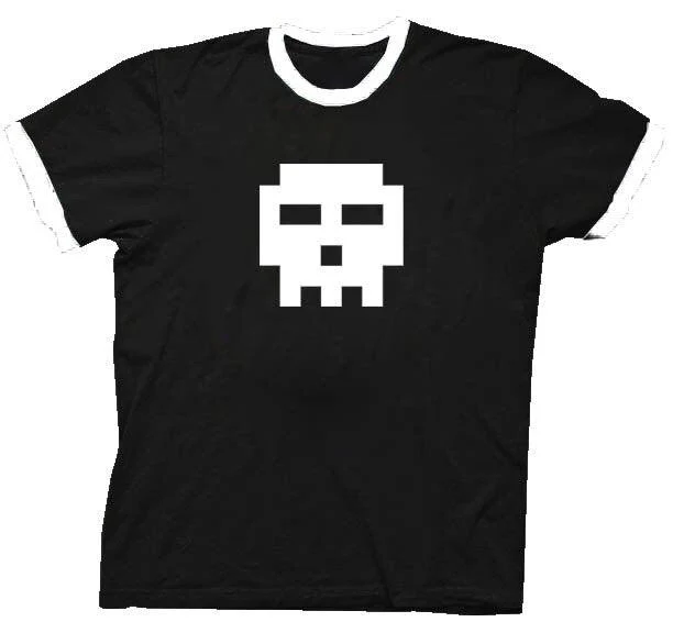 Pixel Skull Adult Black with White Ringers T-shirt