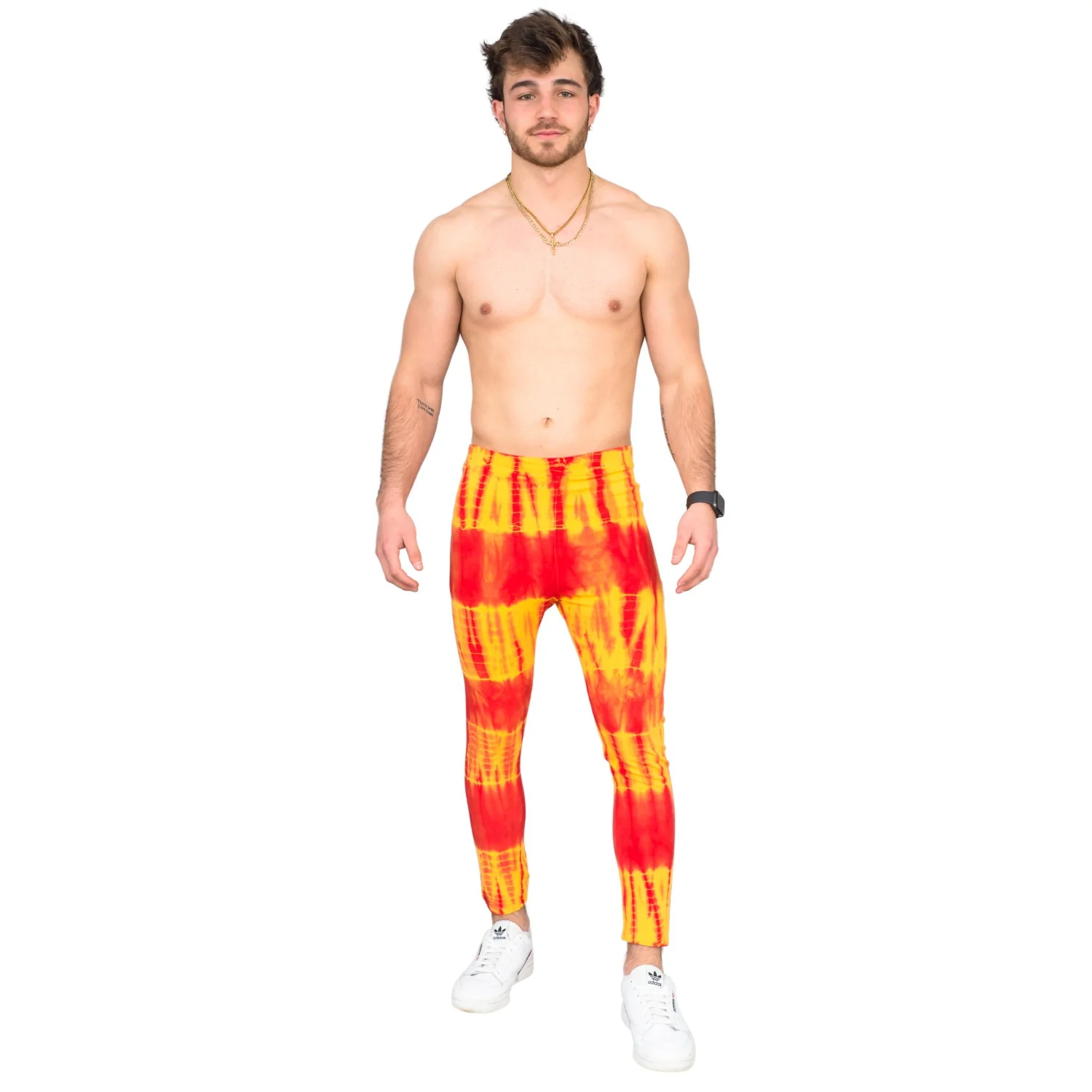 Red and Yellow Tie-Dye Wrestling Legging Tights Pants - Image 4
