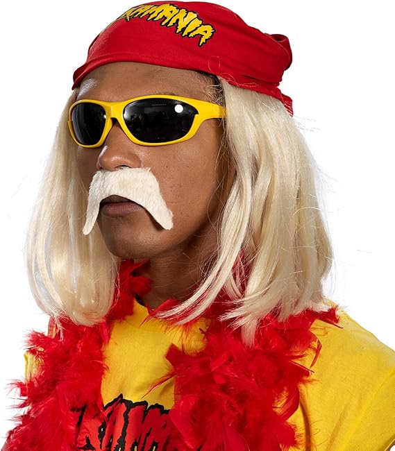 Red 1980s Mania Unisex Halloween Cosplay Costume Accessory Kit (Bandana w/ Wig\Moustache) - Image 2