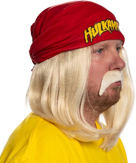 Red 1980s Mania Unisex Halloween Cosplay Costume Accessory Kit (Bandana w/ Wig\Moustache) - Image 6