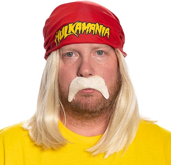 Red 1980s Mania Unisex Halloween Cosplay Costume Accessory Kit (Bandana w/ Wig\Moustache) - Image 7
