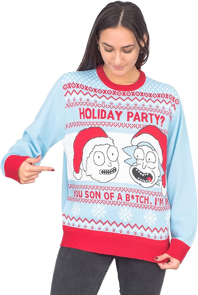 Rick and Morty Holiday Party Light Blue Adult Unisex Ugly Christmas Sweater - Image 3