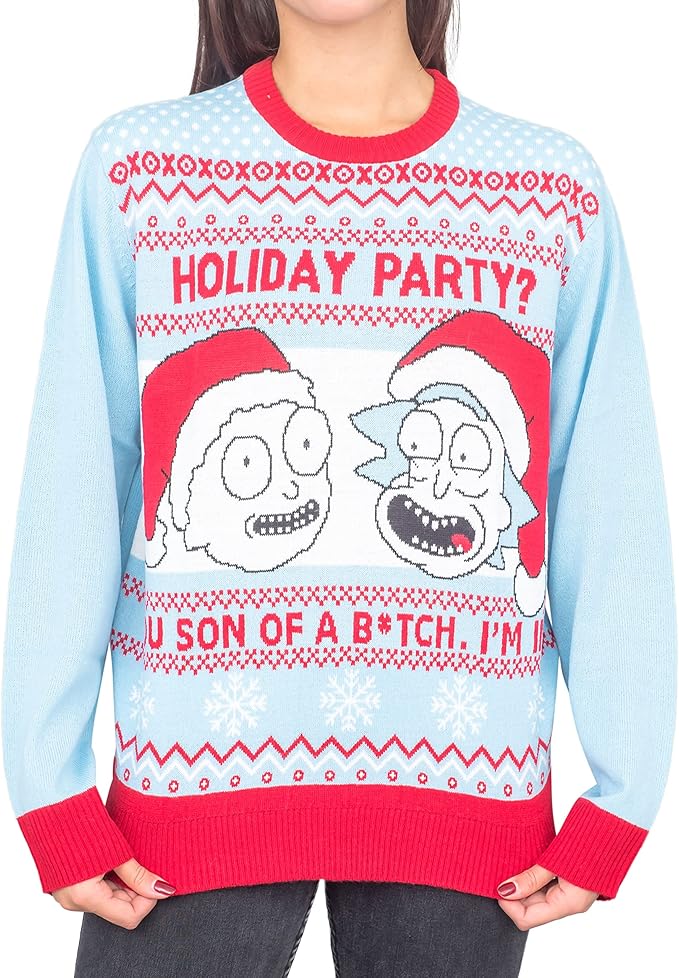 Rick and Morty Holiday Party Light Blue Adult Unisex Ugly Christmas Sweater - Image 4