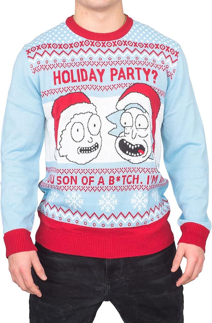 Rick and Morty Holiday Party Light Blue Adult Unisex Ugly Christmas Sweater - Image 6